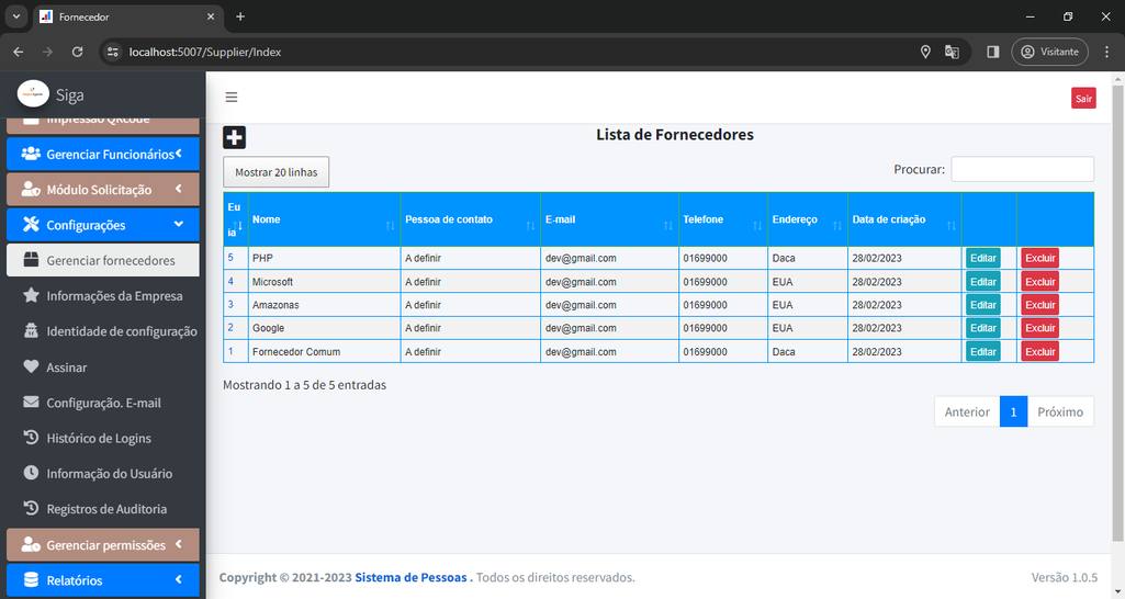 Lista de Fornecedores