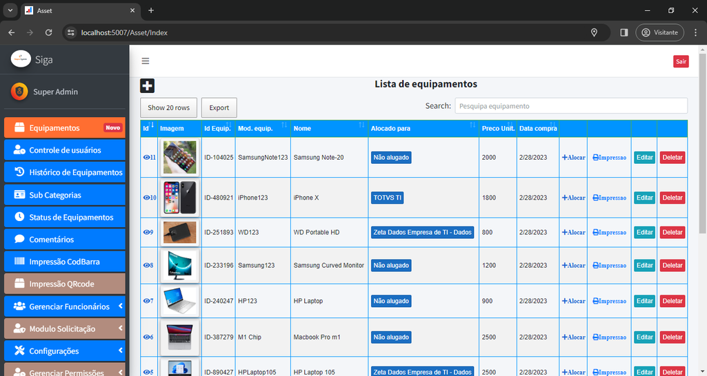 Aloque de forma rápida um equipamento para uma pessoa/cliente.