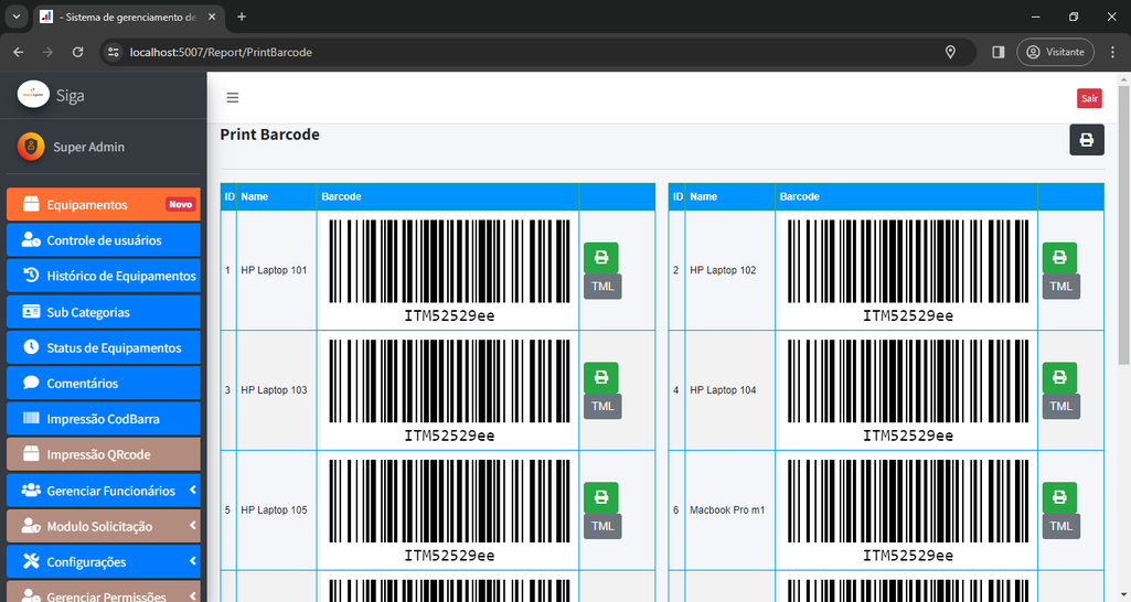 Impressão dos QRCodes dos equipamentos.